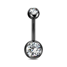 FIFTH CUE 14G G23 Solid Titanium Double Gem Ball Naval Belly Button Ring (3/8" (10mm), 5 & 8mm, Black/Clear)