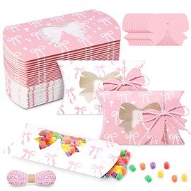 60Pcs Pink Bow Treat Boxes with Gift Tags Coquette Bow Party Pillow Boxes with Window for Birthday Party Bacheloreete Party Wedding Bow Themed Party Supplies (Pink)