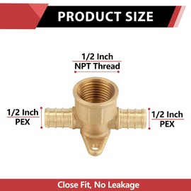 (Pack of 2) EFIELD 1/2" Pex x 1/2" Pex x 1/2" Female NPT Drop-ear Tee Crimp Brass Fittings, ASTM F1807,(PEX1807170-2PCS)