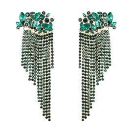 Flyonce Wedding Bridal Long Chandelier Tassel Earrings, Rhinestone Crystal Floral Flower Fringe Statement Chain Dangle Drop Earrings for Women Green