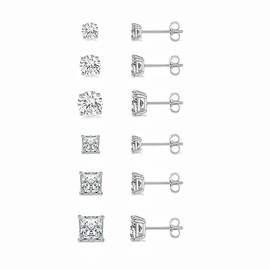Set of 6 pairs of stud earrings, hypoallergenic cubic zirconia 316L earrings, 3-5 mm stainless steel CZ earrings (white gold)