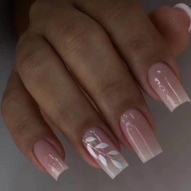 Pink Press on Nails Medium Fake Nails Square False Nails Gradient Fall Artificial Nails with White Leaves Design Full Cover Stick on Nails Autumn Winter Glue on Nails for Women Girls Manicure 24Pcs