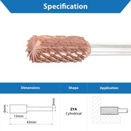 TJR© Carbide Burr with Coating Ultra Co, 6 mm Diameter with 3 mm Metric Shank (Specially with Chip Breaker) (ZYA-S - Cylindrical with End Grinding)