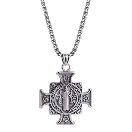 Saint Benedict Cross Necklace, Christian Sacramental Medal Pendant, Stainless Steel Ward off Evil Protection Jewelry