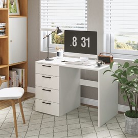 SILKYDRY White Desk with Drawers, Home Office Desk with 4 Storage Drawers, Modern Vanity for Bedroom, Teen Writing Study Table, Wood Computer Workstation for Study Room, 43.5"×23.5"×30" (L×W×H)