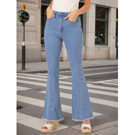 Allegra K Women's Flare Jeans 70s Vintage High Waist Stretch Denim Bell Bottom Jeans X-Large Light Blue