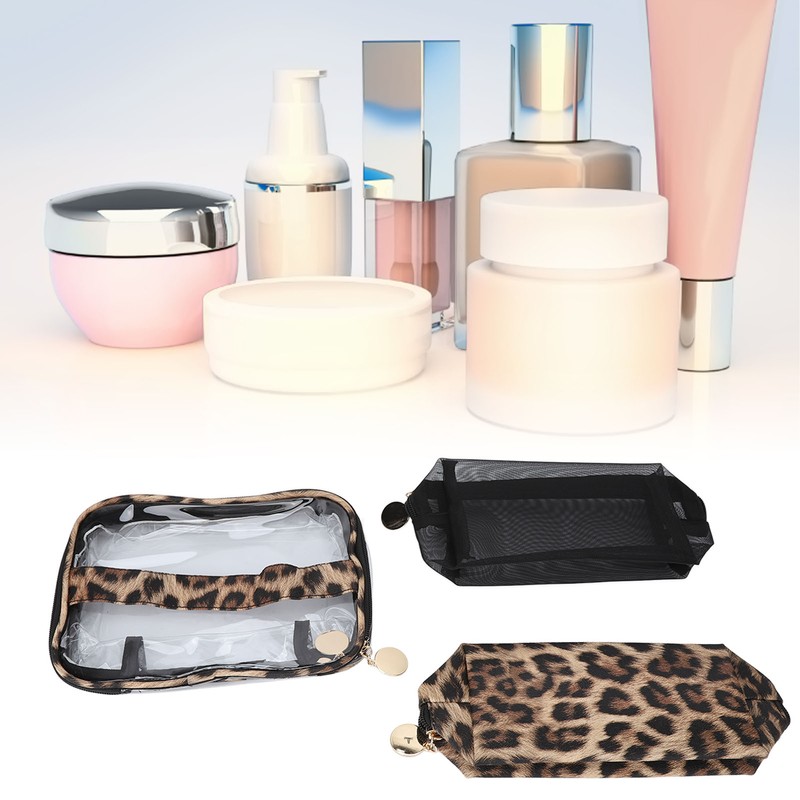 3pcs Makeup Bag Set Leopard Print Large Capacity Portable Waterproof