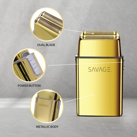 Savage Foil Shaver for Men, Professional Reciprocating Dual Blade Double Gold Foil Shaver, Hypoallergenic, Rechargeable 90 Minute Runtime, Plug and Play, Gold Metal Body, Kyoto Design, Rotary Motor