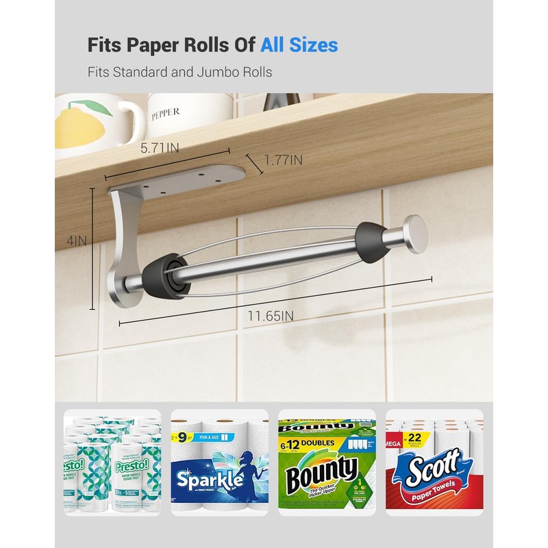 Paper Towel Holder Under Cabinet, One-Handed Tear, Wall Mount, Adhesive,