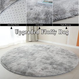 OMGREAT Round Fluffy Rug for Bedroom, 120cm Circle Light Grey Rug for Kids Room, Plush Fuzzy Rug for Teen's Room, Shaggy Circular Rug for Nursery Room, Modern Furry Carpet Cute Room Decor for Baby