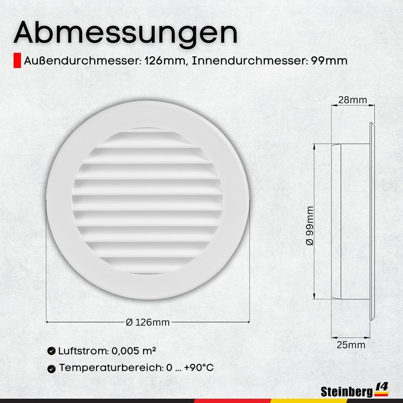 Steinberg14 White Ventilation Grille 100 mm - Plastic Exhaust Grille