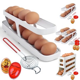 Volue 4 Pieces 1 Set 12 Eggs Rolldown Egg Dispenser – with Rolling Egg Holder with Separator & Egg Timer | Includes Holder & Timer & Separator All in One Set Space Saving Automatic Rolling