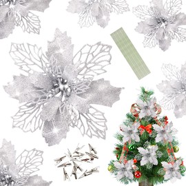 Wereves 12 Pcs Glitter Silver Christmas Flowers Christmas Tree Christmas Wreath Accessories Ornaments,6.5 Inch Artificial Poinsettia Flowers for Xmas Holiday Home Party Decor