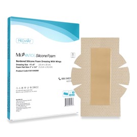 MedVance Bordered Adhesive Silicone Foam Dressing Pack of 5 - Waterproof Silicone Pad - Easy Apply & Remove Sterile Bandages - Wound Care & Dressings for Burns & More (4"x8" Bandage w/Wings)