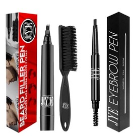 JYE Kit rellenador de Barba y Bigote. Boligrafo color negro + Pincel. Apariencia natural de barba poblada y abundante. Kit de Boligrafo y Pincel