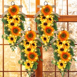 Lyrow 4 Pcs Cordless Prelit Fall Artificial Swags 24" Sunflower Stairway Swag Teardrop Trim with Timer Thanksgiving Staircase Decoration Battery Operated Garland for Indoor Outdoor Railing Decor