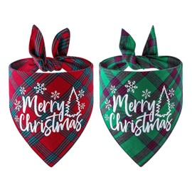 Christmas Dog Bandana 2 Pack, Classic Plaid Dog Scarf Triangle Bibs Kerchief, Premium Cotton Fabric, Double Layer Merry Christmas Dog Bandana for Small Medium Large Dogs Pets