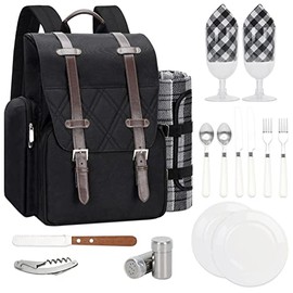 Picnic Backpack for 2 Person with Large Insulated Cooler Bag, Picnic Basket Set with Wine Pouch, Waterproof Picnic Blanket & Cutlery Set. Perfect for Camping, Party,Wedding Gift for Couple.2P-Black