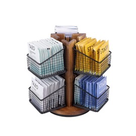 HTB Carousel Tea Bag Organizer for Counter, 2 Tier Tea Bag Holder with 6 Removable Tea Baskets and Acacia Wood Station, Tea Organizers and Storage for Cabinet, Countertop