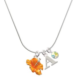 Delight Jewelry Silvertone Hot Orange Hibiscus Flower - Silvertone Capital Initial Charm Necklace with Crystal Drop, 18"