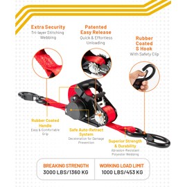 Strapinno Retractable Ratchet Straps - 1 in x 15 ft Heavy Duty Tie Downs, 3000lbs Breaking Strength, S Hooks with Safety Clip, Easily Store with AutoRetract, for Boat, ATV, Motorcycle, & Cargo (2PCS)