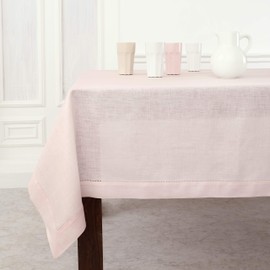 Solino Home Pink Linen Tablecloth 108" L x 60" W Inch - 100% Pure Linen Classic Hemstitch Table Cloth for Rectangle Tables - Machine Washable Tablecloth for Wedding, Spring, Easter