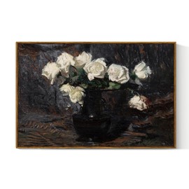 VIYYIEA Framed Canvas Wall Art Home Decor Vintage Botanical Print White Roses in Vase Rustic Farmhouse Flower Wall Decor Mid Century Pictures Decor Art Prints Floral Room Decor for Living Room 24x36in
