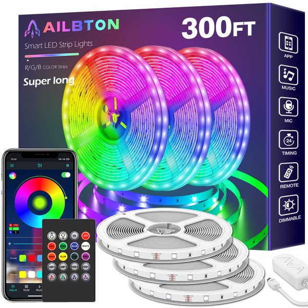 AILBTON 300ft Led Strip Lights(3 Rolls of 100ft led Lights) Ultra Long Led Light Strip with App Voice Control Remote,5050 RGB Music Sync Color Changing Led Lights for Bedroom,Party,Home Decoration