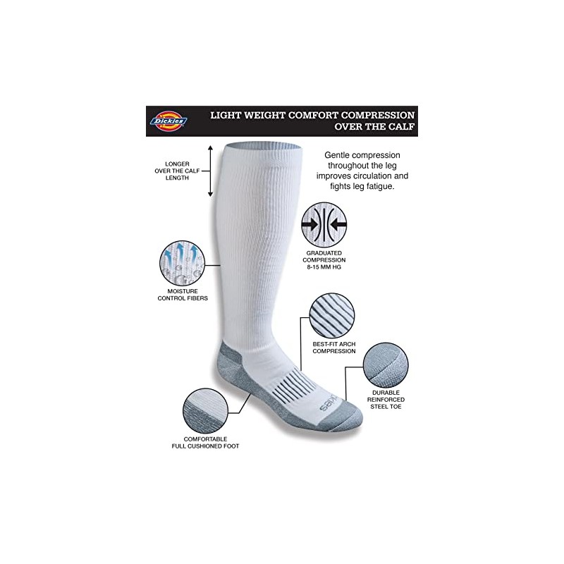 Dickies Men's Light Comfort Compression Over-the-calf Socks, White (4 Pairs),