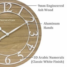 Presentime & Co Classic Farmhouse Shiplap Clock, 19.5 inch, White Arabic Numerals with Ash Wood Shiplap Style. Large Farmhouse Decor for Living Room, Entryway, Home Office, Wall Décor