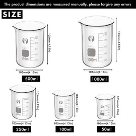 LEKEFETO Glas Becherglas Set 50 ml 100 ml 250 ml 500 ml 1000 ml, 5er Set Abgestufter Messbecher, Borosilikatglas Glasbecher für Labor, Glasmessbecher-Set, für Labore, Klassenzimmer Heimgebrauch
