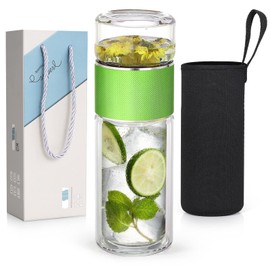 Hodezaki Glass Tea Infuser Bottle - 9oz Travel Tea Infuser,Double Wall Glass Tea Bottle Mug,Portable Tea Infuser Water Bottle with Strainer for Loose Leaf Tea, Chirstmas Gift(Green)