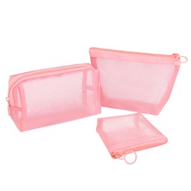 Aosbos - Bolsa de maquillaje de malla de 3 piezas, bolsa de cosméticos con cierre, bolsa de viaje de malla, bolsa de viaje organizadora, bolsa portátil de malla para artículos de cambiador para el hogar, oficina, accesorios de viaje, 3 tamaños, Rosado