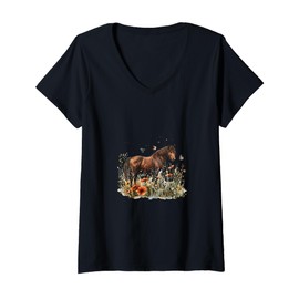 Womens Horse in Flower Meadow with Butterflies V-Neck T-Shirt