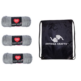 Red Heart Super Saver Yarn Dusty Grey E300-340, Worsted Weight No 4, 3 Skeins Same Dye Lot, 100% Acrylic Soft Acrylic, Machine Washable, Bundle with 1 Artsiga Craft Bag