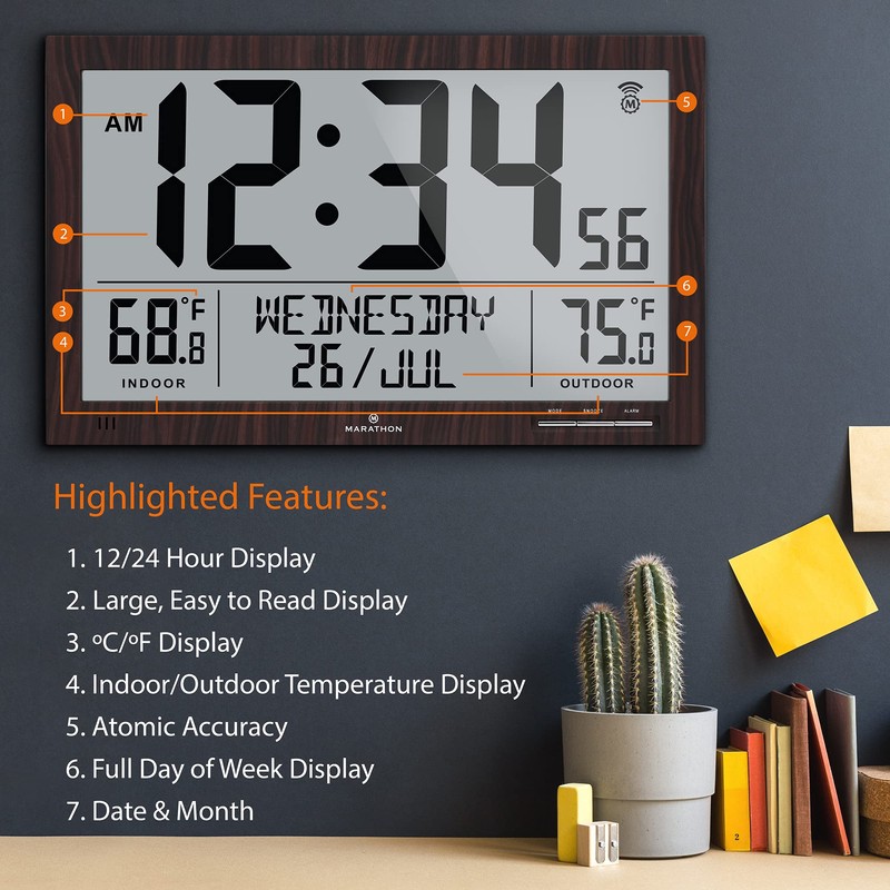 MARATHON Atomic Full Calendar Clock with Extra Large Digits Indoor