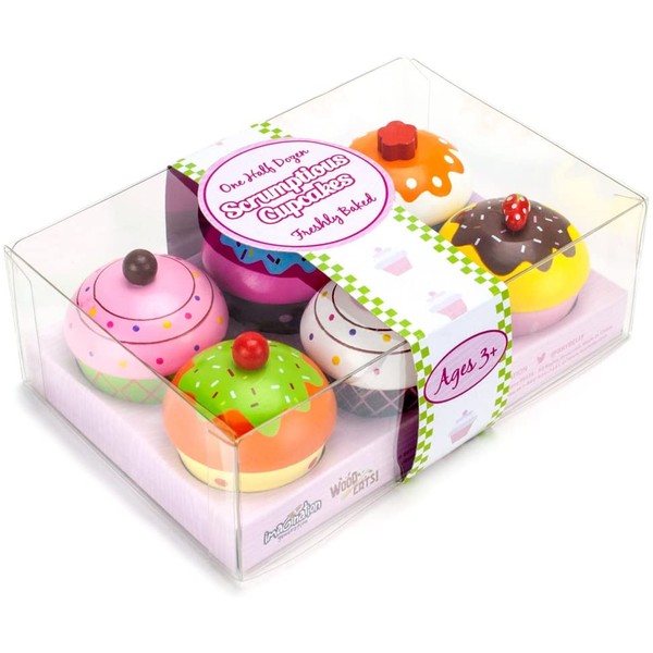 Imagination Generation Wood Eats! Scrumptious Cupcakes Dessert Set - 6 Colorful Cakes, Great for Baking Playsets, Play Kitchens and Play Food Toys