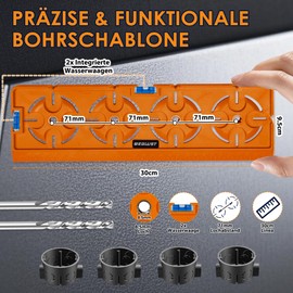 WEGLUST Drilling template with spirit level and 30 cm ruler - for sockets/flush-mounted boxes (71 mm) - electrical installation, drywall - with drill bit - precision for DIY and professionals