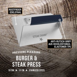 Steak Champ Burger & Steak Press XXL: Grill and Burger Press for Crisscross Crusts, Sandwich and Meat Weights with Non-Slip Handle