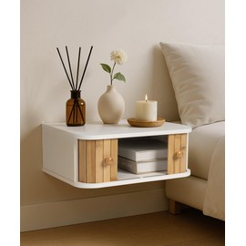 SUMGAR Floating Nightstand White Bedside Table Modern Boho Organiser Small Spaces Wall Mounted Shelf Storage with Drawers Wood Bamboo Natural Hanging Furniture for Bedroom Home Decor