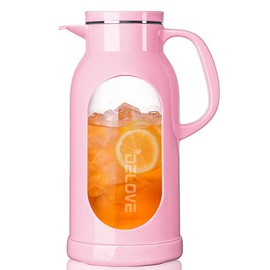 Delove 68 oz/2 Liter Glass Pitcher with Shatterproof Shell - Heat Resistant Glass Liner - Stainless Steel Lid - Carafe & Jug for Iced Tea,Hot/Cold Water,Homemade Juice Beverages (Pink)