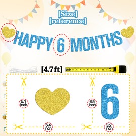 Happy 6 Months Banner, Half Way to One, Baby 1/2 Birthday, First Birthday Baby Shower Gender Reveal Party Decorations Supplies for Boy Girl, Blue Glitter