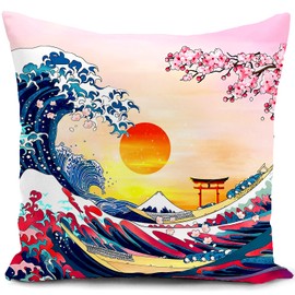 Japanese Cushion Cover Double Sided Japanese Hokusai The Great Wave of Kanagawa Decor Art Gifts Pillow Cover for Home Room Throw Pillow Case Decorate Livingroom Couch Bed Sofa 18"x18"(45x45cm)