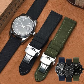Nice Pies Premium Canvas Nylon Genuine Leather Strap Bracelet Double Press Butterfly Buckle Watch Band for Men's Sports Military Accessories 18/20/22/24mm (22mm, Black)