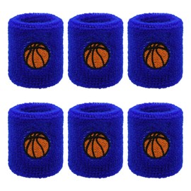 Emperoch 6 Pcs Children's Sports Wristbands, Blue Polyester Wrist Sweatbands with Baseball/Football Design for Children Sports Football Basketball Soccer Running Tennis Athletics Jogging (Basketball)