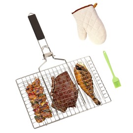 Kowiofame Fish Grill Basket BBQ Grilling Rack Kabob Veggies Shrimp Stainless Steel Cage Holder with Cleaning and Oil Brushes Oven Gloves