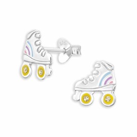 Monkimau 925 Sterling Silver Children's Roller Skate Stud Earrings with Epoxy and Crystals Allergy Friendly Earrings Jewellery Gift for Girls, Silver
