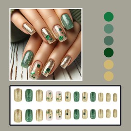 24 Pcs St. Patrick's Day Press on Nails Short Square - MINGCHUN Pink Fake Nails Press ons Acrylic Nail Art Tip Kit Gold Glitter French Four Leaf Clover Design Full Cover False Nails Glue on Nails