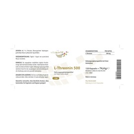 Vita World L-Threonine 500 mg 120 Capsules Vegan German Pharmacist Production