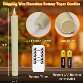 GenSwin Flameless Taper Candles with Remote Timer, 6Pcs Drip Wax Flickering LED Taper Candles Battery Operated with 3D Wick for Wedding Home Living Room Decoration (Ivory, 0.79”x9.1”)
